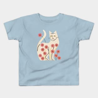 White Cat And Flowers Kids T-Shirt